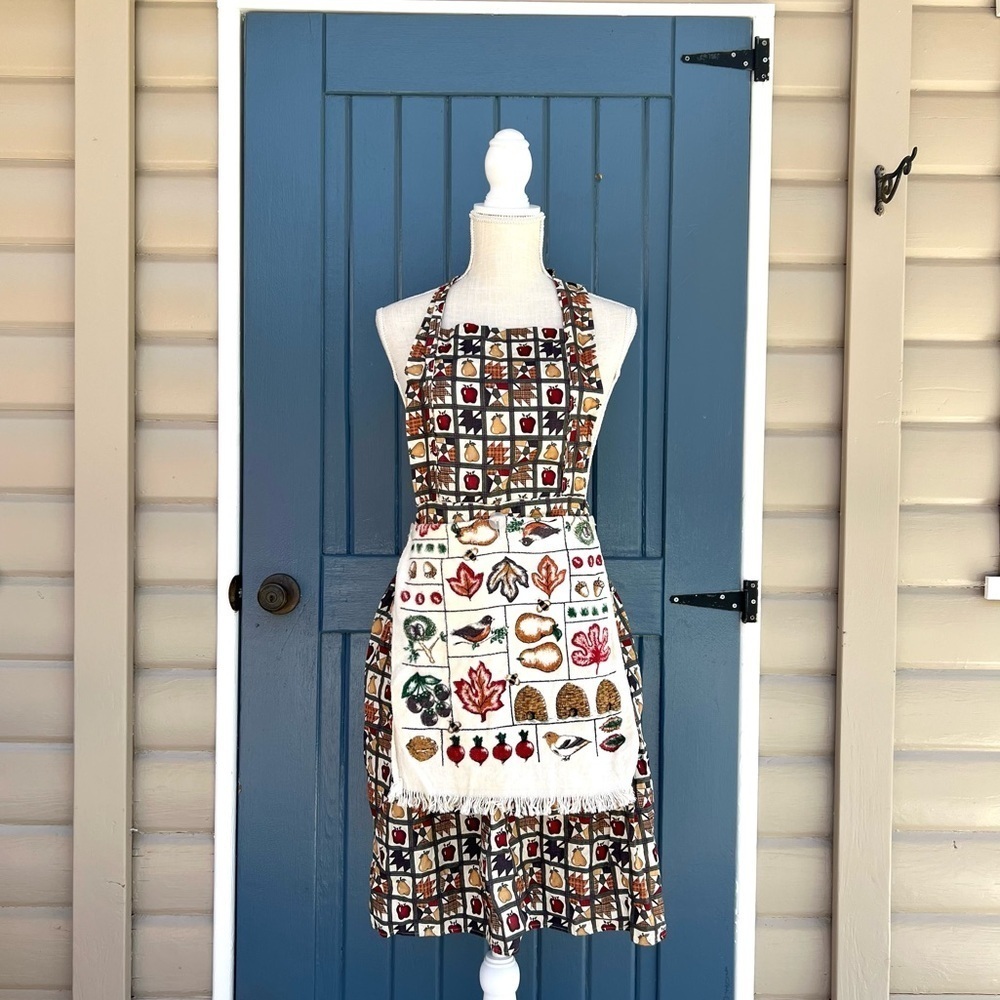 Rare Colorful Patterned Apron with Leaf and Fruit Motifs with attached towel